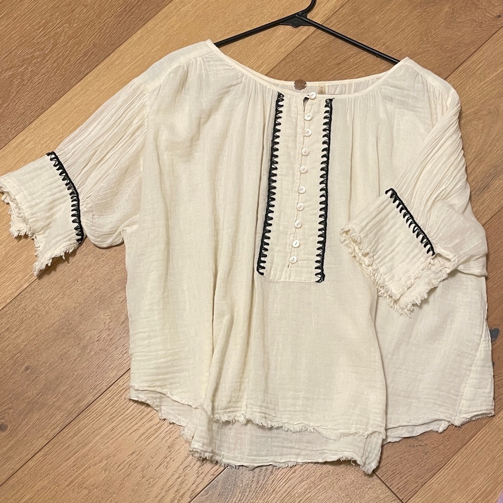 Free People Boho Cream Blouse with Black Trim